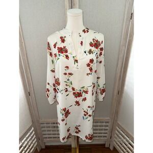 Floral Print Tunic Dress White Red Casual Long Sleeve Fall Spring Size Large